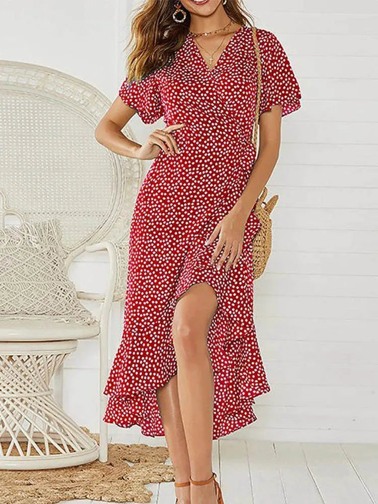 Sommer Strand Maxi Kleid Frauen Floral Print Boho Lange Chiffon Kleid Rüschen Wrap Casual V-ausschnitt Split Sexy Party Kleid Robe Femme.