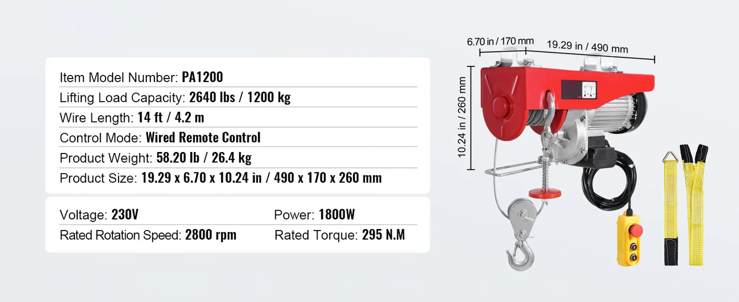 SucceBuy 880/1760/2640lbs Wired Electric Hoist with 40ft Lifting Height & Pure Copper Motor Electric Steel Wire Winch for Garage.