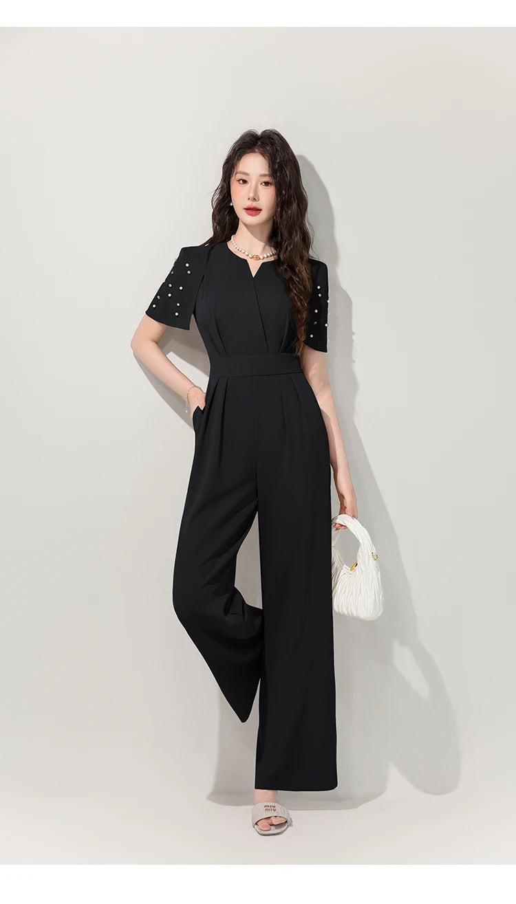 Women's Luxury Diamond-Studded Jumpsuit – Slim Fit Wide Leg Palazzo Pants, Autumn Short Sleeve Romper with High Waist.