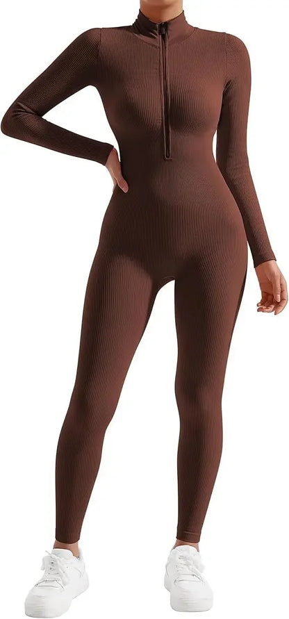 Seamless Long Sleeve Yoga Suit One-Piece Tightening Fitness Leisure Sports Jumpsuit with Zipper for Women