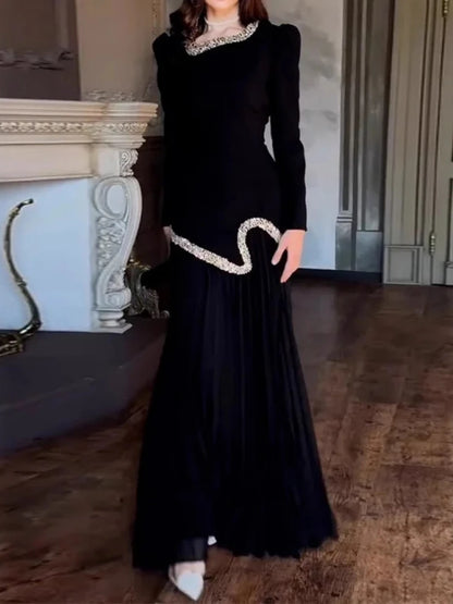 Eid Women Dress Muslim Abaya Pleated Shirt Skirt 2 Piece Set Diamond Party Ramadan Long Dresses Vestidos Largos Arab Long Robe.