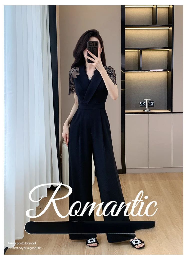 V-neck Solid Office Jumpsuit Women Elegant High Waist Wide Leg Pants Overall 2025 Fashion Slim Hollow Solid Color Romper.