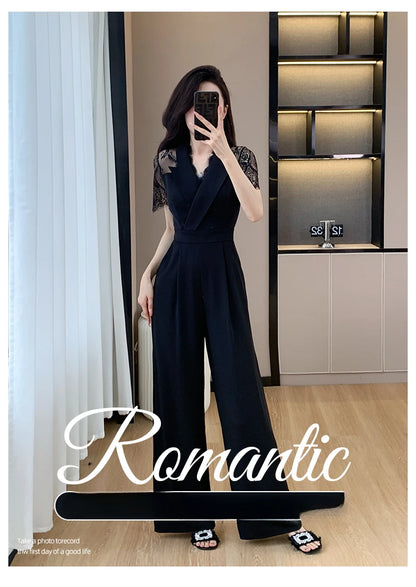 V-neck Solid Office Jumpsuit Women Elegant High Waist Wide Leg Pants Overall 2025 Fashion Slim Hollow Solid Color Romper.