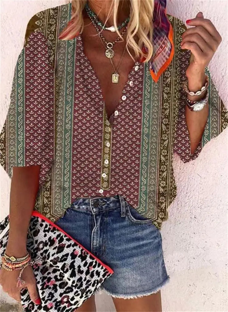 2024 New Women's Shirts & Blouses Fashion Vintage Printed Casual Vacation Bohemian Style Lady Single-breasted Shirt Streetwear.