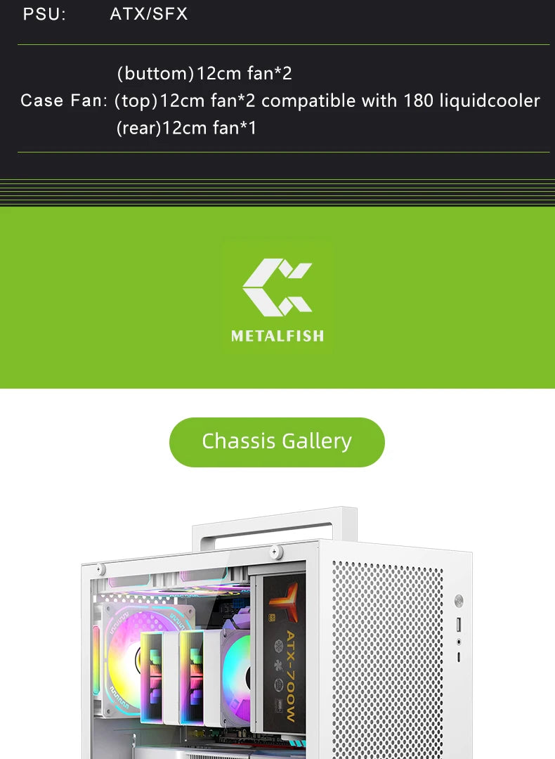 METALFISH S5 PRO 20L Computer Case Gaming PC Chassis Support MATX/ITX SFX/ATX PSU 160mm Tower /180 WaterCooling Cooler.
