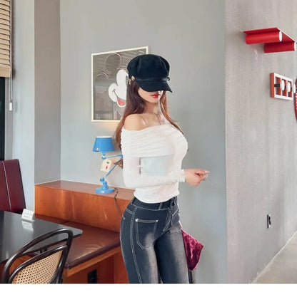 Korean Dongdaemun Spring Summer New Style Elegant One Shoulder Pleated Thin Long Sleeve Slimming Fit Cotton T-Shirt.