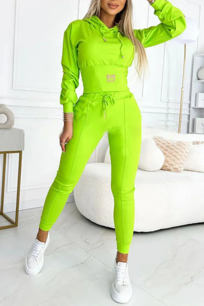 Casual Solid Color Hooded Slim Long-sleeved Top And Wide-sleeved Pants Suit Women 2025 Spring Top Lace-up Pants Suit For Women.
