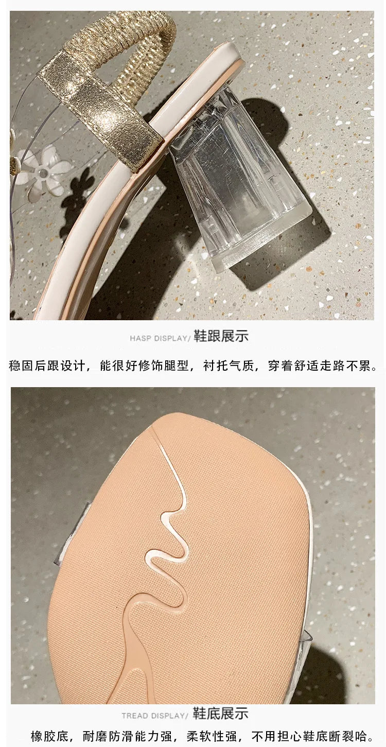 Women;s Sandals Pvc Crystal Flower Shoes for Women Decoration Chunky Heel Sandals Ladies Back Strap Fashion Shoes Female2024.