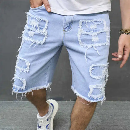 Denim Hole Knee Length Men Washed Jean Mid Waist Spliced Ripped Pockets Loose Fit Distressed Straight Pants 2024 Casual.