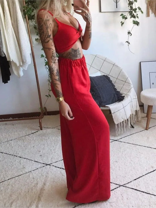 Sexy Two Piece Set Women Outfit 2025 Summer Butterfly Print V-Neck Cropped Top High Waist Drawstring Casual Wide Leg Pants Sets.