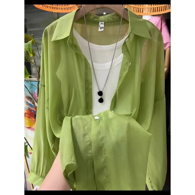 1pcs Woman Four Seasons Shirt Lady Thin Sunscreen Shirts Female Casual Long Sleeve Turn-down Collar Loose Med-Length Style Tops.