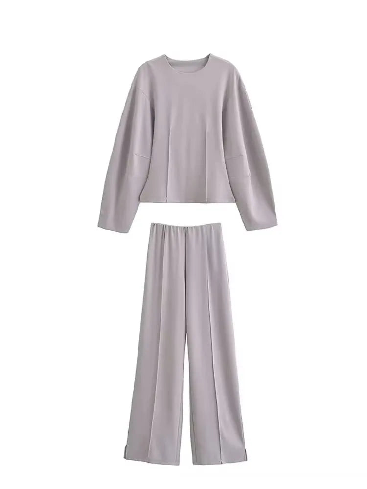 HH Women's 2-Piece Set Fashion Slimming Double-Sided Fabric Round Neck Long-Sleeve Top+Elegant Stretch Casual Wide Leg Pants.