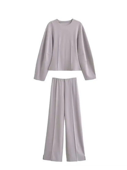 HH Women's 2-Piece Set Fashion Slimming Double-Sided Fabric Round Neck Long-Sleeve Top+Elegant Stretch Casual Wide Leg Pants.