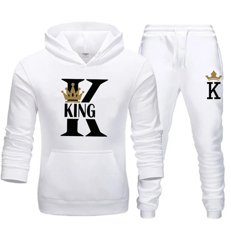 2024 New Autumn and Winter Men's and Women's Sweater Set KING QUEEN Loose Relaxed Hooded Print Couple Set.