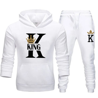 2024 New Autumn and Winter Men's and Women's Sweater Set KING QUEEN Loose Relaxed Hooded Print Couple Set.
