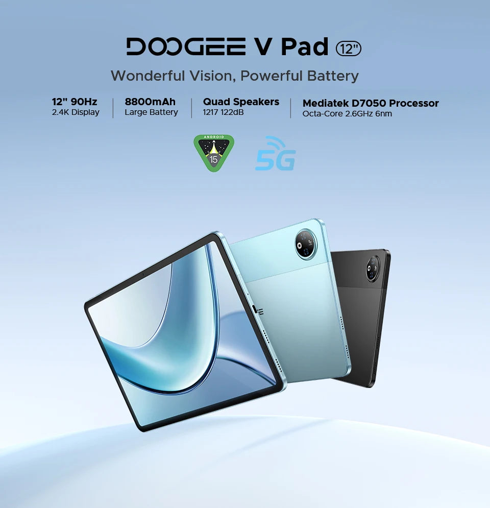 Doogee V Pad 5g 2 in 1 Tablet Pc 12" Dimensity 7050 Android 15 32Gb Ram (8+24) 256Gb Rom 8800Mah Battery Wifi 6 Ultra-Thin 5g Pc.