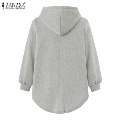 ZANZEA Plus Größe Sweatshirt 2025, Mode Herbst Winter Solide Frauen Warme Kapuze Tops Lose Beiläufige Pullover Langarm Hoodies