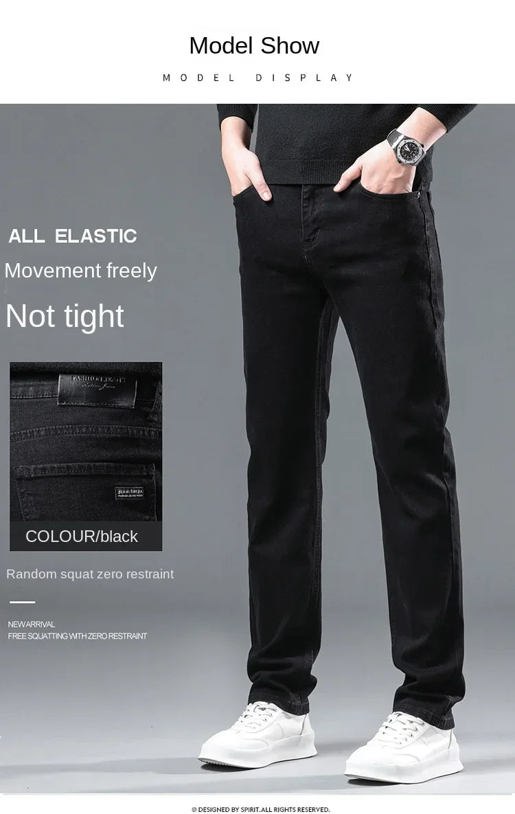 Spring Autumn New Men's Pure Black Slim Jeans Elastic Straight Pants Business Fashion Leisure Korean Vintage Denim Pants Male.