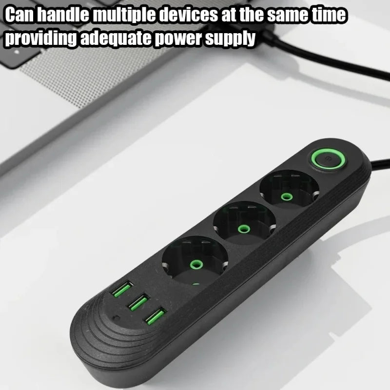 EU-Stecker, 2500 W, Steckdosenleiste mit 3 USB-Anschlüssen, Verlängerungskabel, Steckdose, Verlängerungskabel, runder Stift, AC-Steckdose, elektrischer Ladeadapter.