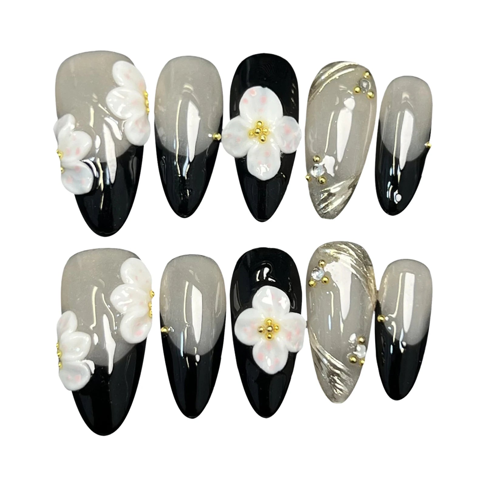 10Pcs Handmade Press On Nails Simple DIY Manicure Almond Black French Tips Fake Nails 3D White Flower Designs False Nails Art.