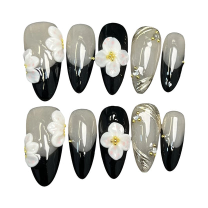 10Pcs Handmade Press On Nails Simple DIY Manicure Almond Black French Tips Fake Nails 3D White Flower Designs False Nails Art.