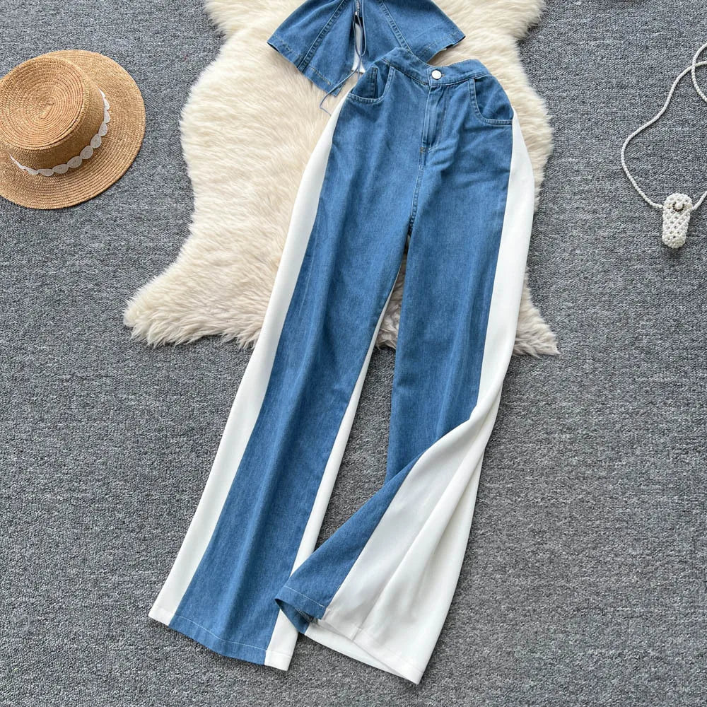 Denim Two Piece Sets Women Jeans Suit Lace Y2k Top Wide Leg Pants Zipper Lace Up Patchwork Trousers Outfits Ensemble Summer 2025.