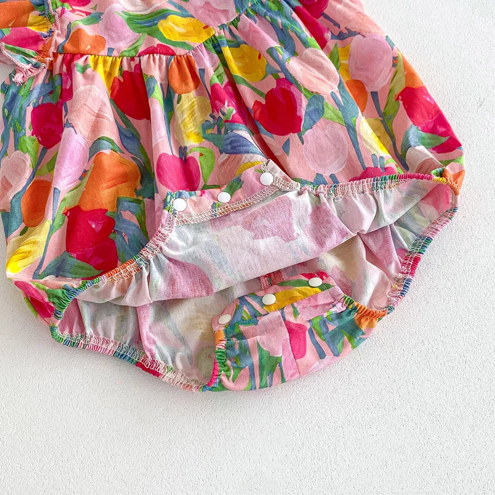 MILANCEL 2025, Sommerkleidung für Babys, Mädchen, Rüschenärmel, Kleinkind-Mädchen-Bodys, Tulpenmuster, Einteiler für Kleinkinder.