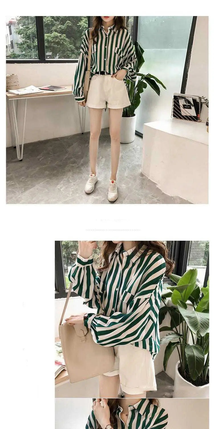 1pcs Woman Spring Autumn Stripe Shirts Lady Casual Long Sleeve Turn-down Collar Loose Shirt Female Chiffon Temperament Tops.