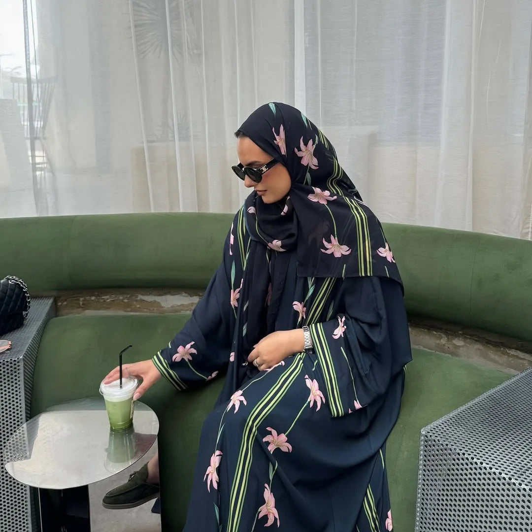 Uni Islamic Clothing Modest Abaya Women Muslim Dress Front Open Printed Abaya 2025 With Hijab Scarf Two Piece Set for Summer.