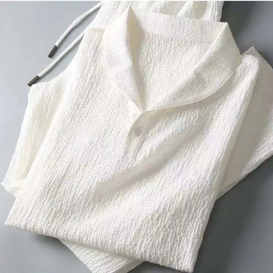 Summer Lightweight Pleated Cotton Casual Sports Set Men's Thin Comfortable Breathable Fashionable Collar Short Sleeve Two-Piece.