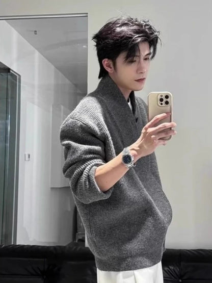 Men's Clean Fit Loose Knit Cardigan - Autumn Winter Ash Gray Relaxed Fit Dao-Style Sweater, Cozy Oversized Outerwear.