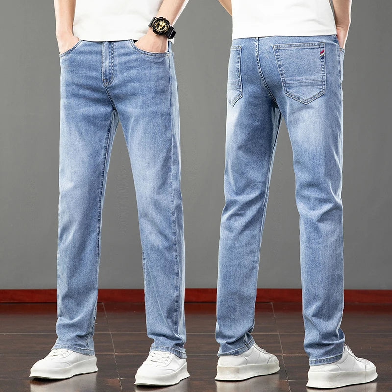 Spring Summer Thin Slim Fit Jeans Mens Elastic Straight Casual Business Denim Pants Washed Classic Brand Clothing Men Trousers.