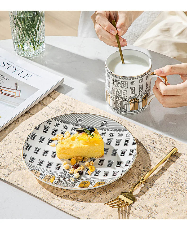 European-style Roman Architecture Ceramic Disc Coffee Cup Snacks Main Course Plate Kitchen Tableware Coffee Mug Storage Tray.