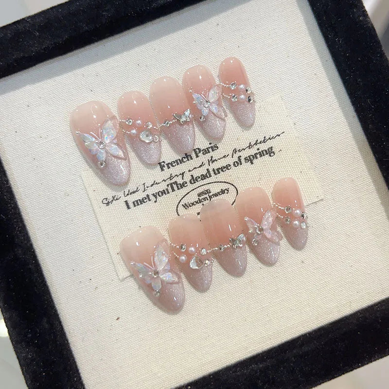 10Pcs Handmade Glitter False Nails with Cat Eye Designs Pink Press on Nails Wearable Butterfly Fake Nails Full Cover Nail Tips.