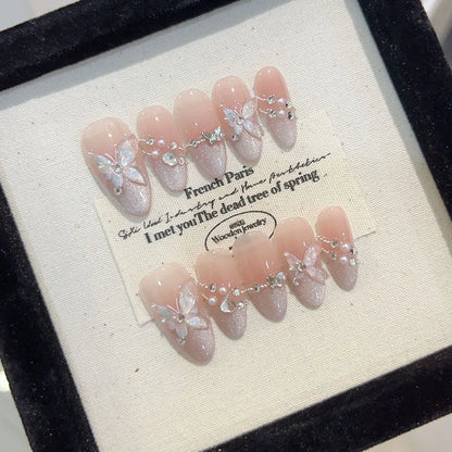 10Pcs Handmade Glitter False Nails with Cat Eye Designs Pink Press on Nails Wearable Butterfly Fake Nails Full Cover Nail Tips.