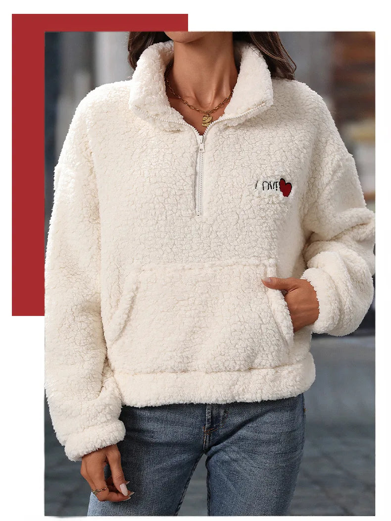 Fairyshely 2025 Autumn Winter White Women's Hoodies Long Sleeve Zipper Hood Sweatshirt Casual Lady Loose Plush Hoodie Tops.