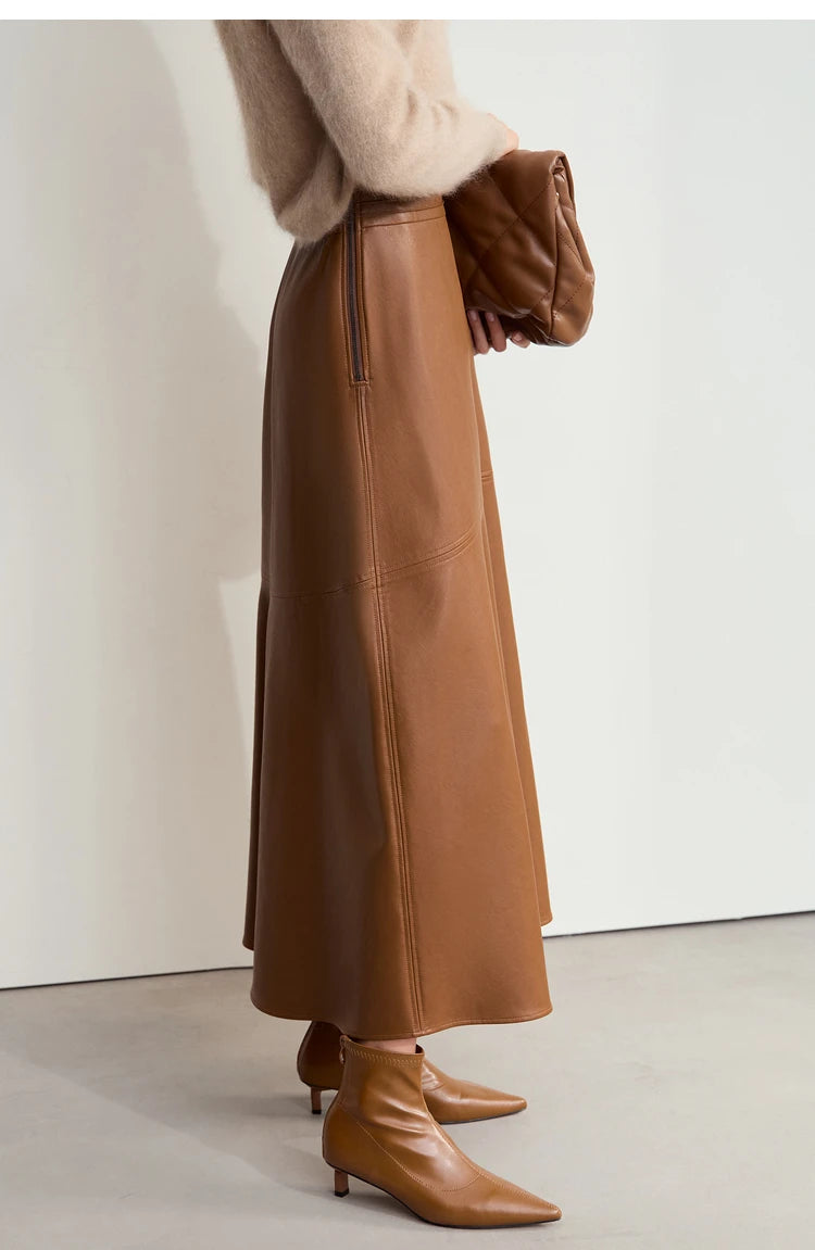 AMII Minimalist Elegant Commuter Environmentally Friendly PU Leather Skirt 2024 Winter New Women's Loose A-shaped Skirt 12444181