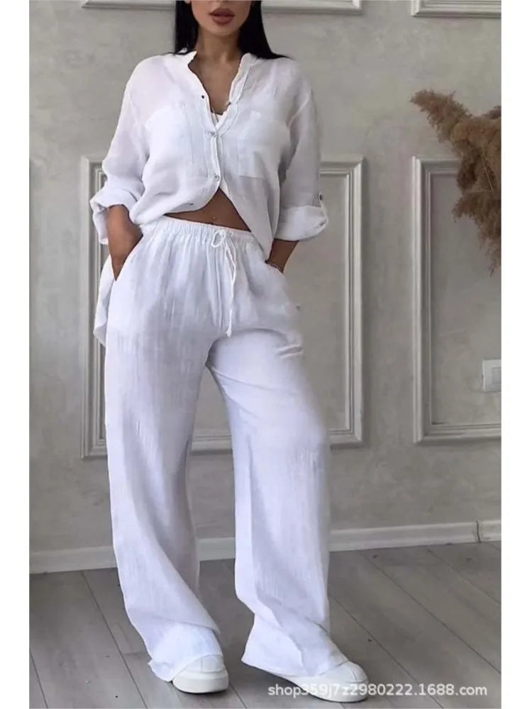Spring Autumn Two Piece Sets 2024 Women Casual Long Sleeve Pocket Shirts 2 Piece Set Fashion Loose Wide Leg Pants Suit Outfites.