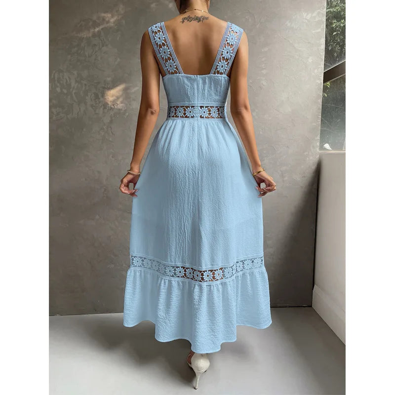 Weiße Lange Kleid Frauen Sommer Sexy Sleeveless Backless Maxi Kleider Damen Elegante Hohle Heraus Spitze Kleid Boho Sommerkleid Vestidos