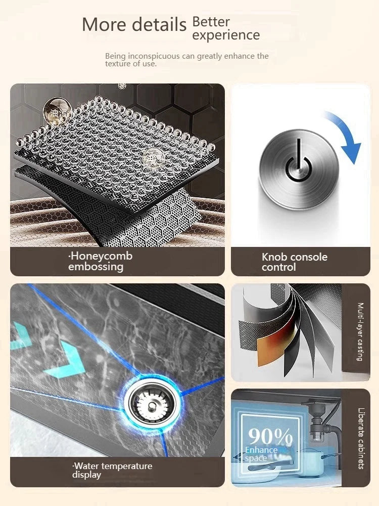 Stainless Steel Kitchen Sink With Waterfall Nano Embossed Large Single Slot Vegetable and Dishwashing Sinks Udermount Basin