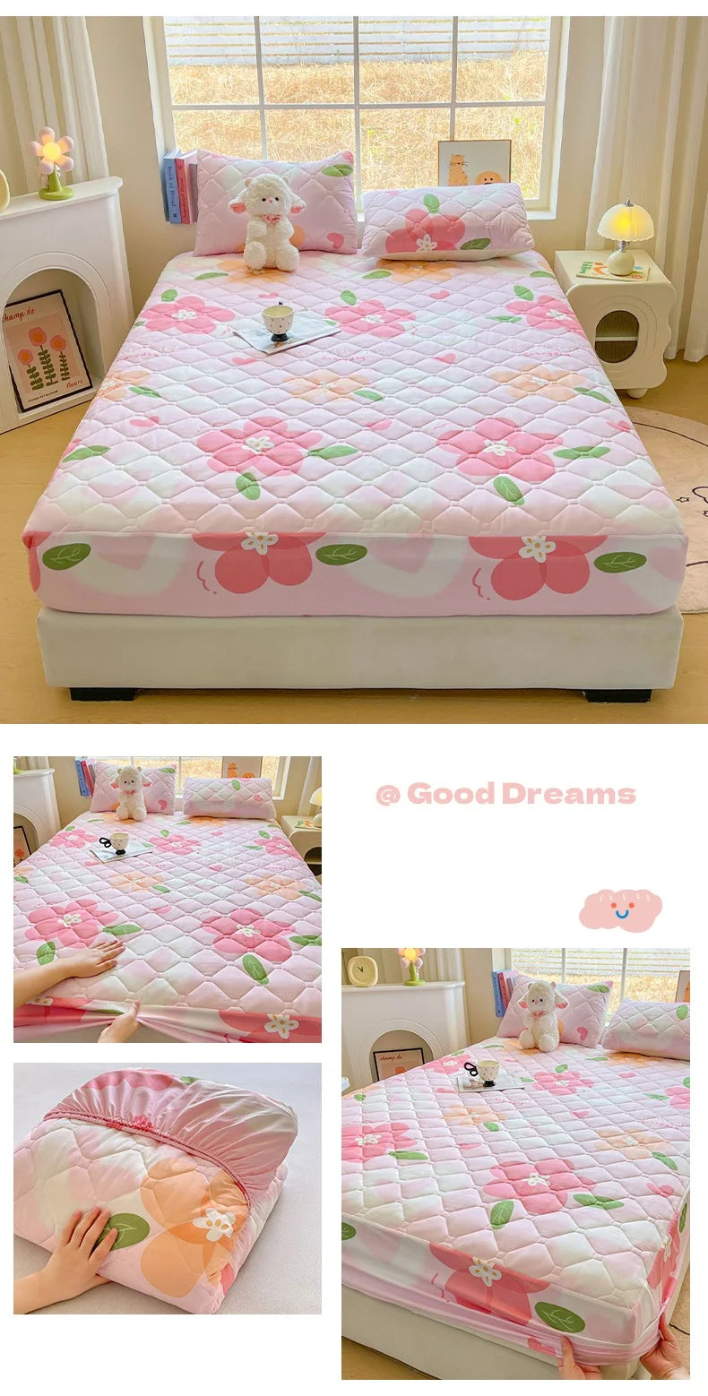 1pc Quilted Bed Cover Floral Style Bedspread Thicken Soft Bed Linen Elastic Mattress Protector cubre colchón (No Pillowcase).