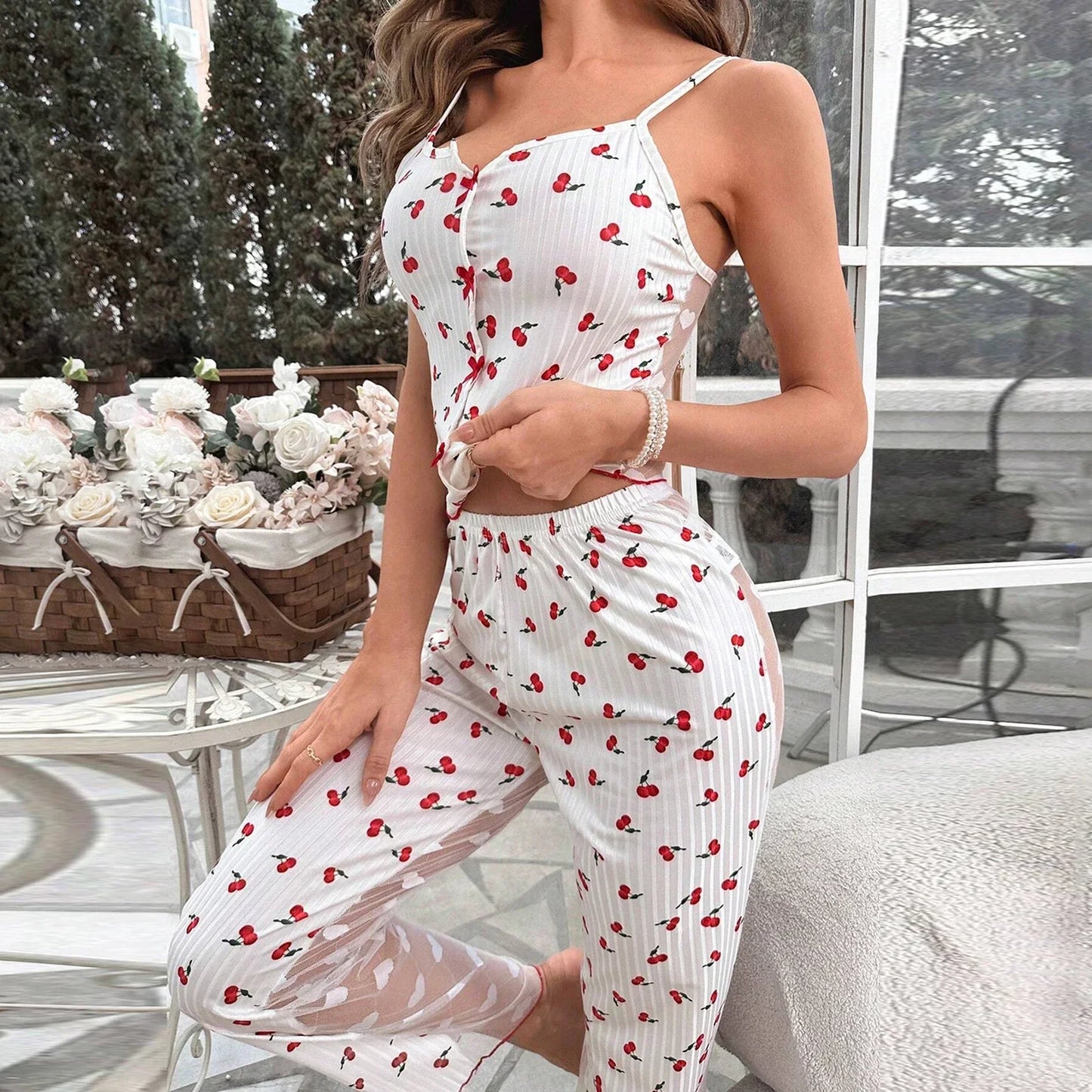 Frühling Sommer Pyjama Set für Frauen Nachtwäsche Kirsche Herz Druck Patchwork Durchsichtig Cami Tops mit Hosen Sets Loungewear.