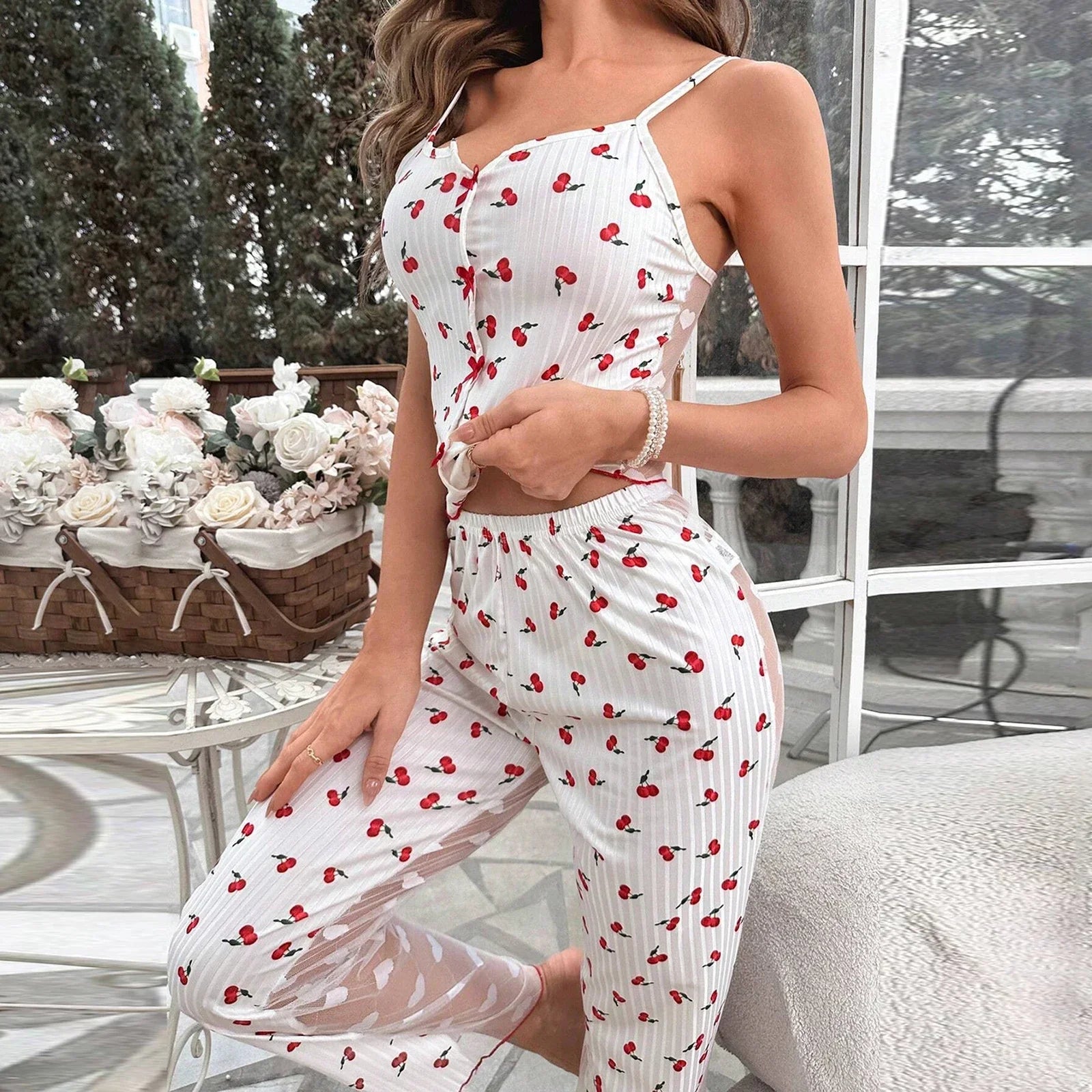 Frühling Sommer Pyjama Set für Frauen Nachtwäsche Kirsche Herz Druck Patchwork Durchsichtig Cami Tops mit Hosen Sets Loungewear.