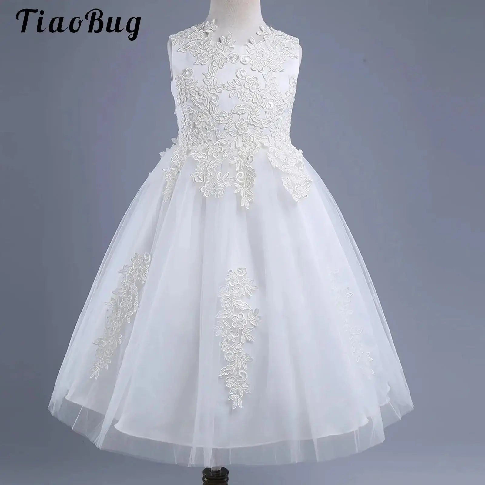 Blumenmädchenkleid mit floraler Spitze für Kinder, bestickt, für Hochzeit, Festzug, Brautjungfernkleid, ärmellos, Taufe, Kommunion, Ballkleid.