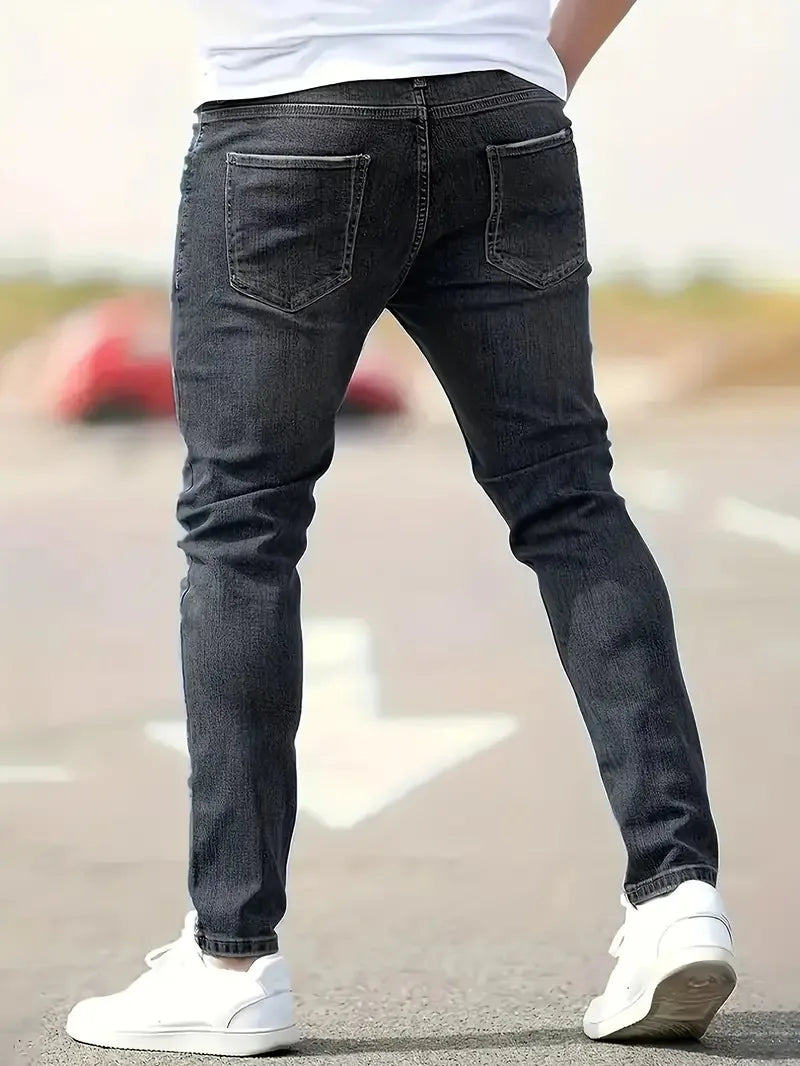 New men's jeans elastic slim fit pants street wear classic ripped cat whiskers casual jeans tight zipper denim clothing black bl.