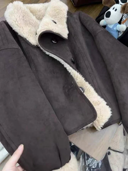 Dicke Lamm Warme Jacke für Frauen Winter Mode Doppelseitige Tragen Warme Pelz Mäntel Bf Koreanische Lose Einreiher Revers outwear.