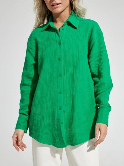 Bornladies 2025 Women's Spring Summer 100% Cotton Shirts Office Lady  Fashionable Solid Lady Long Sleeve Loose Tops Crepe Shirts.