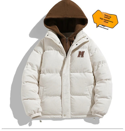 Japanese and Korean Winter Men's Thick Hooded Cotton Jacket Short Corduroy Cotton Jacket Trendy Warm Cotton Jacket Versatile.