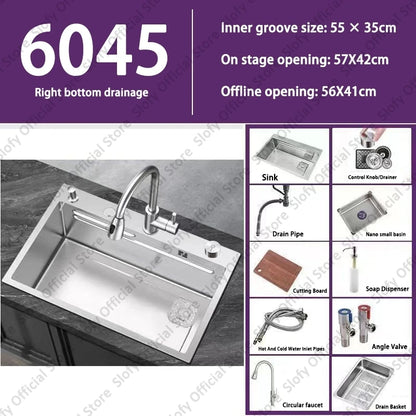 Küchenspüle aus Edelstahl 304, großes Fassungsvermögen, Wasch-/Schnitt-/Abfluss in einem, komplettes Set, multifunktionale Gemüse-Arbeitsstation für den Haushalt