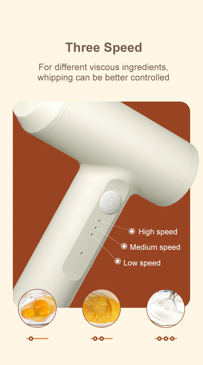 Electric Food Mixer Handheld 3 Gear Cake Cream Mixer Wireless Rechargeable Food Blender Egg Beater Whisk Tool Milk Frother.